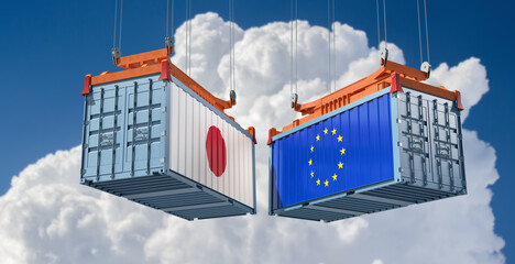 Wall Mural - Freight containers with European Union and Japan flag. 3D Rendering 