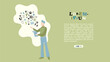 Young man poet standing and reading his poetry with flying letters. Literature poem corses landing page. World poetry day web banner template. Colored flat vector character illustration grain style.