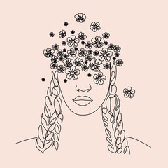 Wall Mural - Woman head with flowers composition. Hand-drawn vector line-art illustration. One Line style drawing.