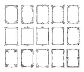 Poster - Decorative frames. Vintage hand drawn ornamental borders. Antique elegant book decoration ornament. Flourish filigree frame vector set. Rectangle shape decorated with floral elements