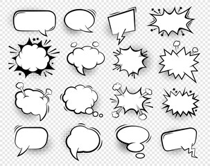 Fototapete - Comic speech bubbles. Blank talk clouds for dialog text with halftone shadows, cartoon empty white thought balloons vintage Vector set. Empty elements of different shape for conversation