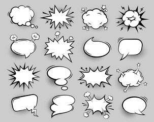 Fototapete - Empty comic bubble. Cartoon speech balloons for text, retro chat talk dialog clouds with halftone shadow effect vector isolated set. Element for information message or chat, thought