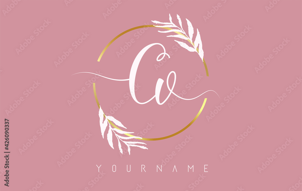 CV c v Letters logo design with golden circle and white leaves on ...