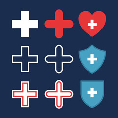 Wall Mural - Set of plus or medical cross icons, heart with cross, shields with cross. Flat pharmacy design. Medical, healthcare icons, isolated on dark blue background. Vector color illustration.