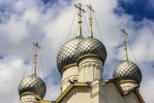 Russia, Rostov, July 2020. Silver Domes With Golden Crosses Against The Sky.
