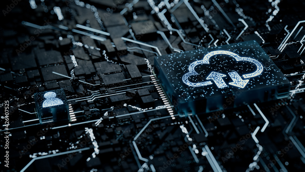 Data storage Technology Concept with cloud symbol on a Microchip. White ...
