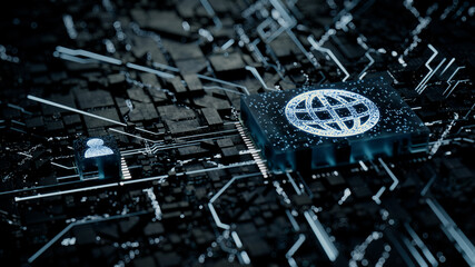 Internet Technology Concept with web symbol on a Microchip. White Neon Data flows between the CPU and the User across a Futuristic Motherboard. 3D render.