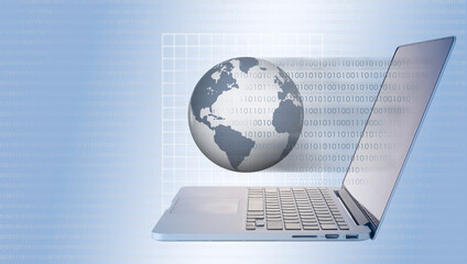 Globe and laptop with binary code