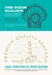 Wall Mural - Fine Ocean Seafood. Abstract Vector Packaging Design or Label. Modern Typography and Hand Drawn Scallop Shell Sketch Silhouette with Sea Lighthouse Background Layout