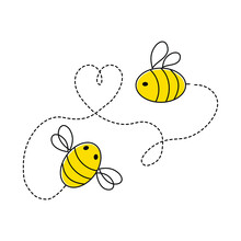 Cute Bees With A Dotted Line Flying. Watch Out For Bee Hives. Apiary For The Production Of Honey. Printing On Children's Clothing, Decorative Pillows. Vector Graphics.