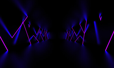 Purple laser light glow in the dark room. 3D Illustration.