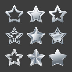 Wall Mural - Set of different silver ranking stars. Silver stars collection isolated on black background. Suitable for  game user interface, icons, award and rank. Vector illustration EPS10