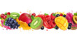 Multy fruit mix juice splash. Splashing of sweet tropical fruits and berries. Realistic vector icon