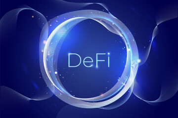 DeFi Decentralized Finance on dark blue background. Concept Art.