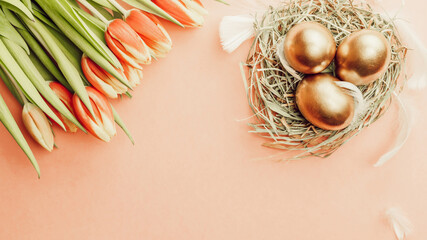 Wall Mural - Basket easter decoration: Golden eggs in basket with spring tulips, white feathers on pastel pink background. Congratulatory easter design. Top view.