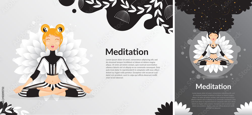 Szczęśliwa kobieta medytująca w pozycji lotosu w czarnym stroju na tle kwiatu. Projekt na zdrowy styl życia. z jogą. Ilustracja wektorowa. - obrazy, fototapety, plakaty 