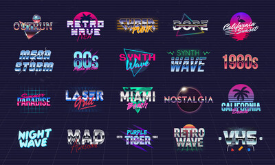 Wall Mural - vector retro neon logo collection. set of 20 colorful retro 80s logo templates. prints for t-shirt, 
