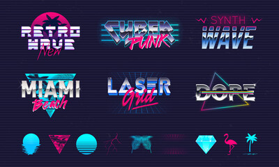 Wall Mural - Set of 6 Retro neon logo templates and 10 trendy elements to create your own design. Print for t-shirt, typography. Trendy retro 80's design for logo, label, banner, poster. Vector illustration