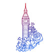 Big Ben Rose Flower with Vintage London England Design. Clock Tower Floral frame ornament vector style. Decoration Design Wreat illustration.