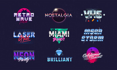 Wall Mural - vector retrowave logo set. retro 80s colorful logo templates. 9 prints for t-shirt, tee. retro typog