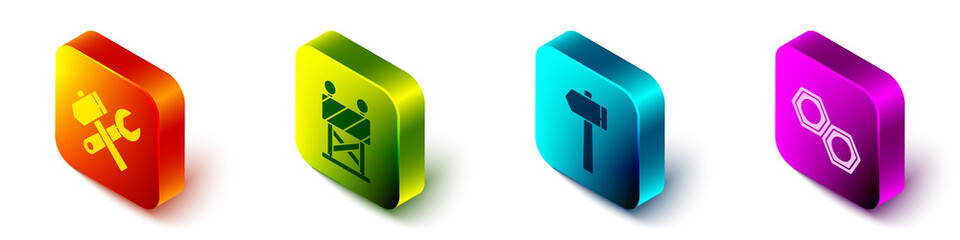 Set Isometric Hammer and wrench spanner, Road barrier, Hammer and Hexagonal metal nut icon. Vector