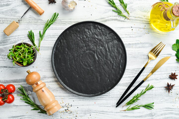 Banner. Background of food, spices and herbs on a white wooden table. Top view. Free space for text.