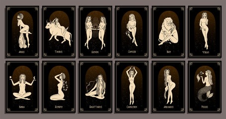 Wall Mural - seamless pattern - signs of the zodiac. gold illustration of astrological signs on a dark background