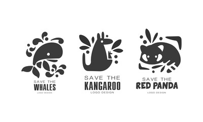 Sticker - Save Wild Animals Logo Design Set, Protection of Whales, Koala, Red Panda Animals Black and White Badges Vector Illustration