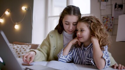 Wall Mural - Sisters schoolgirls learning online indoors at home, coronavirus concept.