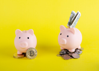 two  piggy banks with money and bitcoins and title save on yellow background