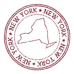 Wall Mural - New York round rubber stamp with us state map. Vintage red passport stamp with circular text and stars, vector illustration.