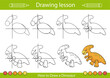 © Betswork - Drawing step by step. Lesson for kids. How to draw a dinosaur. Drawing tutorial. Children worksheet. Activity page for book. Vector illustration.