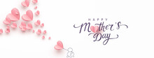 Mother Postcard With Paper Flying Elements, Man And Balloon On Pink Background. Vector Symbols Of Love In Shape Of Heart For Happy Mother's Day Greeting Card Design