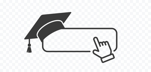 Click cursor icon with graduate college, high school or university cap isolated on transparent background. Vector black ceremony hat, educational student symbol, hand pointer and blank frame