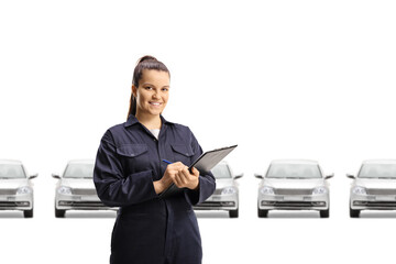 Wall Mural - Female mechanic in a car showroom holding a document and a clipboard