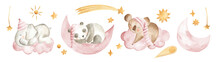 Watercolor Animals Baby Sleeping Nursery Panda Elephant Koala Girls Pink