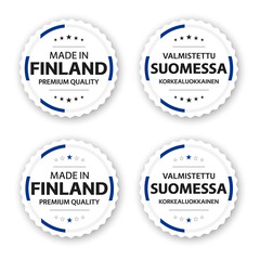 Wall Mural - Set of four Finnish labels. Made in Finland In Finnish Valmistettu Suomessa. Premium quality stickers and symbols with stars. Simple vector illustration isolated on white background