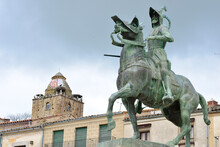 April 2, 2021 In Trujillo, Spain. Statue Of Francisco Pizarro On Horseback In The Main Square Of Trujillo