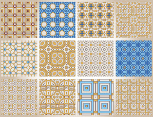  Abstract fantasy thin line hexagon, triangle geometric seamless pattern set. Creative mosaic, tile backgrounds.