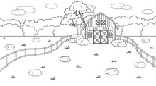 Black White Monochrome Summer Or Spring Farm Concept In Countryside. Cartoon Doodle Vector Cute Red Barn, Fence And Clouds, Field And Trees, Bushes And Plants For Animal Life Background, Coloring .