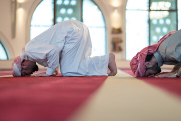 Wall Mural - group of muslim people praying namaz in mosque.