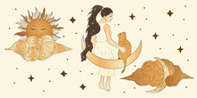 Celestial Girl And A Cat Sacred Astrology Woman Boho Esoteric Golden Art. Moon, Sun, Cloud And Star Magic Vector Card.