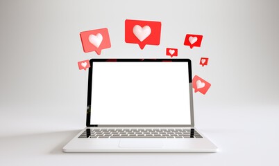 Wall Mural - laptop mockup with many like notifications at white background. social media concept. 3d rendering