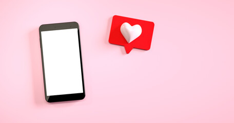 mobile phone mockup with a like notification at pink background. 3d rendering