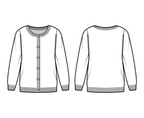 Wall Mural - Round neck cardigan technical fashion illustration with button closure, long sleeves, oversized, hip length, rib trim. Flat Sweater apparel front, back, white color style. Women, men unisex CAD mockup