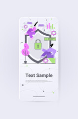 Poster - businesspeople near protection shield with padlock data security concept