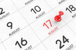 3d rendering of important days concept. August 17th. Day 17 of month. Red date written and pinned on a calendar. Summer month, day of the year. Remind you an important event or possibility.