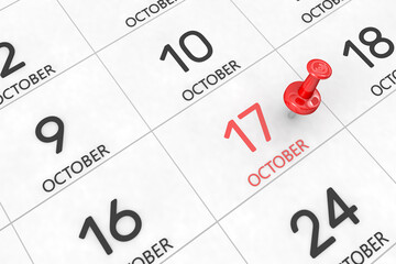 Fototapete - 3d rendering of important days concept. October 17th. Day 17 of month. Red date written and pinned on a calendar. Autumn month, day of the year. Remind you an important event or possibility.