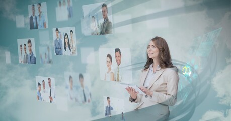 Poster - Composition of people images over caucasian woman using digital tablet in background