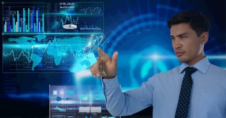 Poster - Composition of caucasian man using technological device with statistics and data